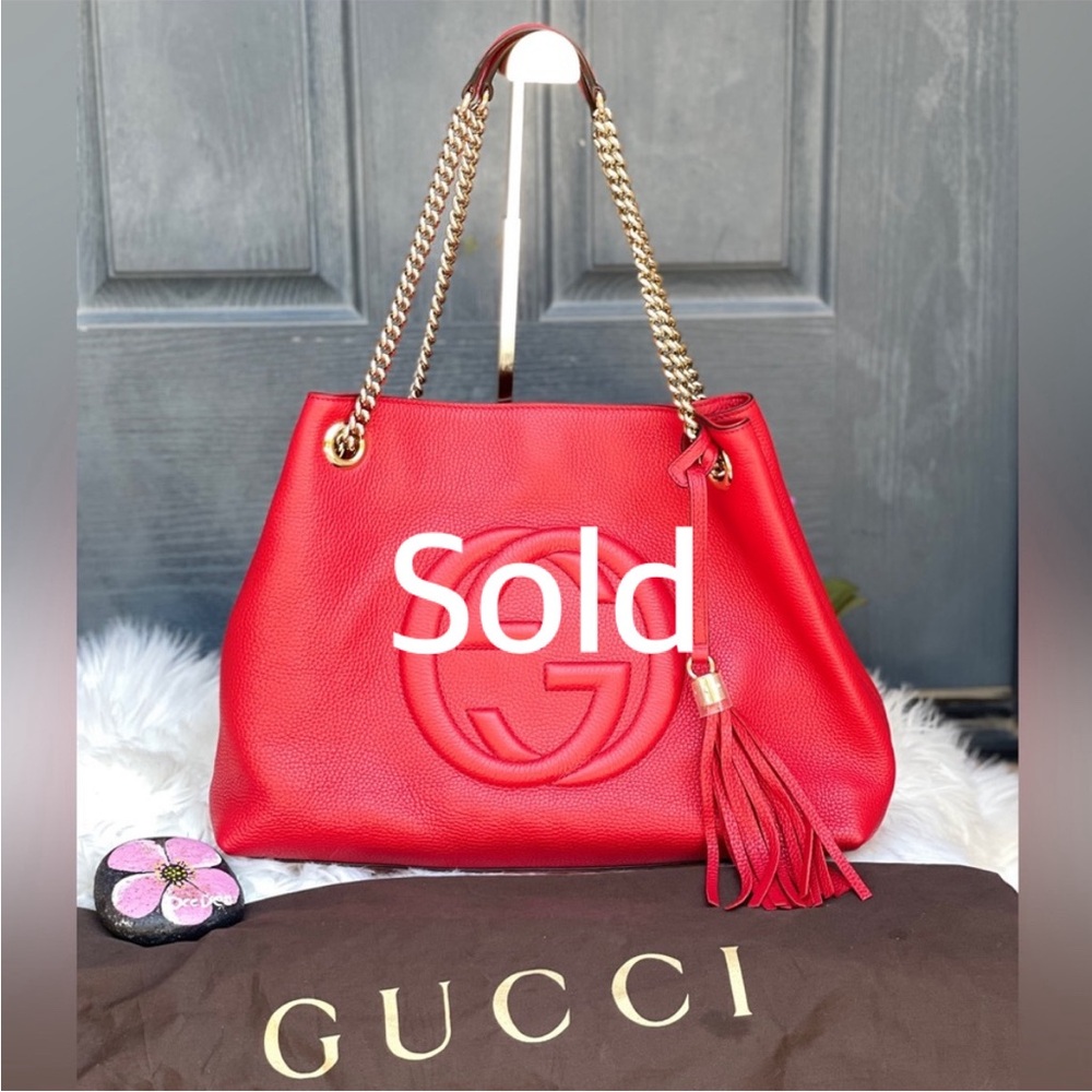 ✨LIKE NEW ✨GUCCI Soho Red Cellarius GG Logo Leather Chain Tote Bag